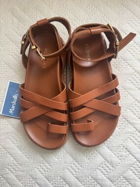 Alohas Brown Leather Crisscross Ankle Strap Sandals